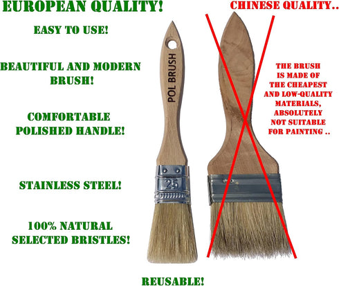 Set of 2 European Professional Flat Paint Brushes, 1 inch, Natural Bristle Wooden Handle for Art, Kids, Walls, Details.