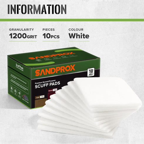 Scuff Pad 6” x 9” White 1200 Grit, Pack of 10 Aluminum Oxide Abrasive Pads for Paint Prep and Cleaning