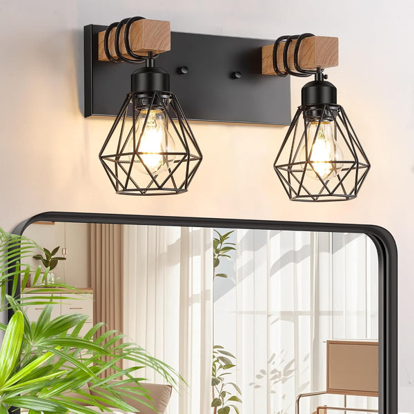 FadimiKoo 2-Light Rustic Style Wood Bathroom Wall Sconce, Farmhouse Vanity Lighting Fixture