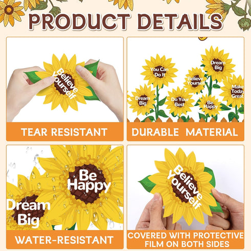 Sunflower Bulletin Board Decoration Set, Summer Sun Flower Cutouts with Motivational Sayings, Butterflies, Fences for