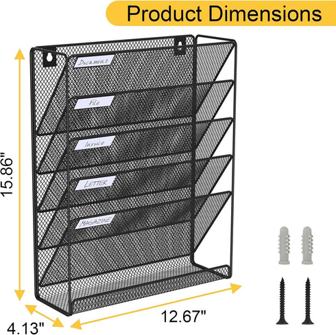 Wall File Organizer, 6-Tier Mesh Hanging Mail Organizer, Vertical Office Storage Rack for Home Office, Black