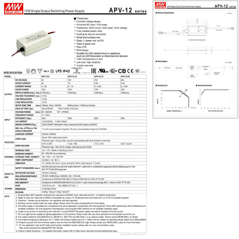 DineDeck APV-12-12 12W 12V 1A Single Output AC/DC Switching Power Supply - Universal Input, Compact Design - Ideal