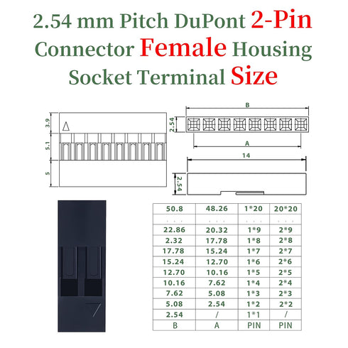 50 Sets Dupont 2.54 mm Pitch 2-Pin Female Adapter Cable Connector Accessories, 150 Pieces Crimp Pins Kit