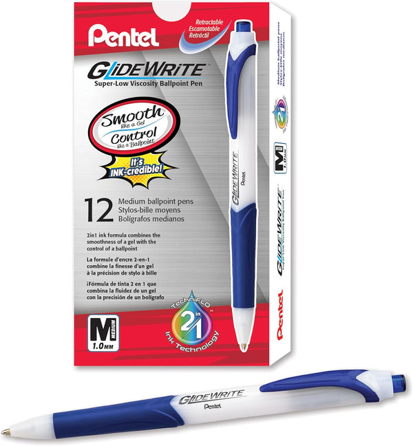 Pentel GlideWrite Ballpoint Pens, Bulk Pack of 12 BLUE Ink Pens, 1.0mm with Retractable Barrel Design, Easy Grip &