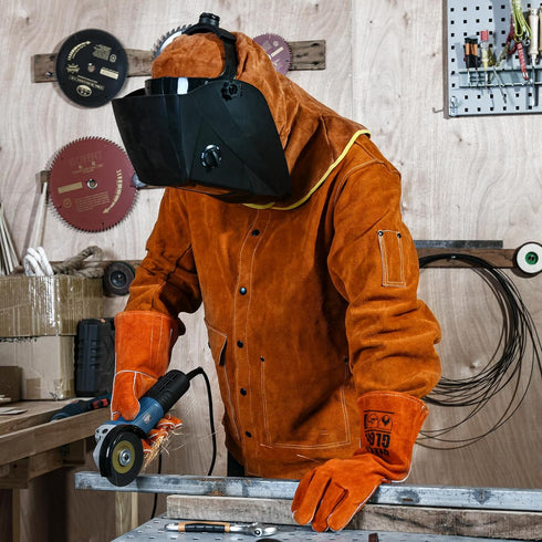 Welding Hood Leather, Cowhide Split Leather Caps with Neck Shoulder Drape for Men & Women, Brown