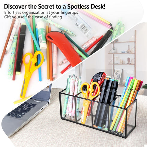 Desk Pencil Holder, Tempered Glass Pen Organizer, 3&4 Compartments, Black, for Office & School Supplies