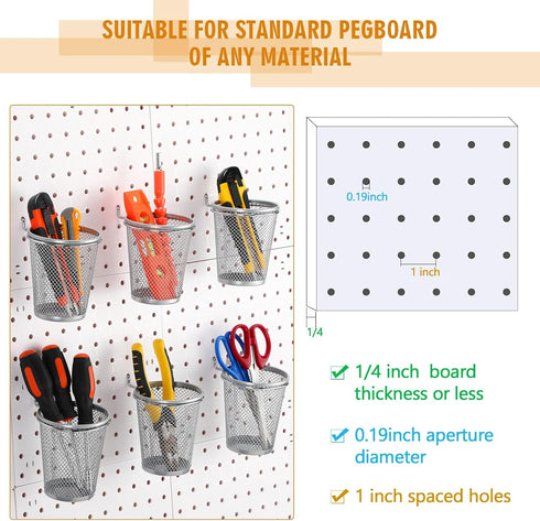 Spakon 6 Sets Pegboard Cups with Ring Hooks, Metal Pencil Holder for Desk Classroom Office Garage Workshop