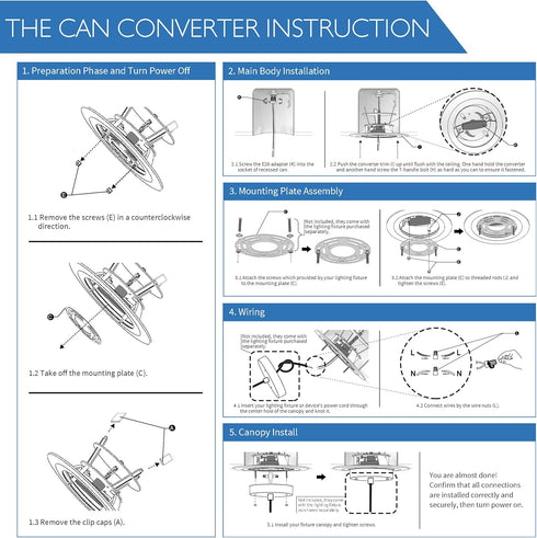 5/6" 1 Pack Jolux Instant Recessed Can Light Conversion Kit, No Tool Needed, Can to Pendant, Ceiling & Hanging Light