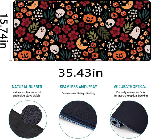 Halloween Skull Mouse Pad Large Gaming Flowers Pumpkins Mouse Pads for Desktop Computer Keyboard Office Desk Pad Mat, Gothic Desk Protector Mat, 16x36 by Armindou