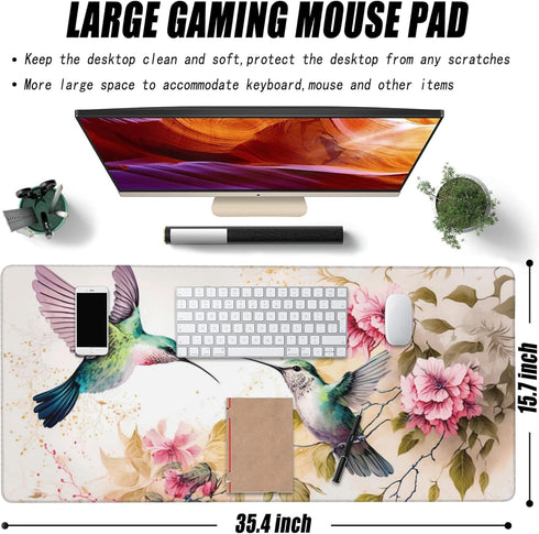 Desk Mat, Pink Flowers and Colibri Birds Extended Large Gaming Mouse Pad for Desk XXL, Non-Slip Rubber Base Stitched Edges Long Computer Keyboard Desk Pad Mouse Mat for Home Office Gaming 35.4"X15.7" by Gnhkmw
