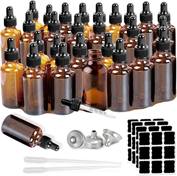 28 Pack 2oz Amber Glass Tincture Bottles with Dropper, Funnels & Labels for Homemade Essential Oils, 60ml