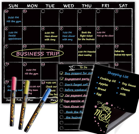 Magnetic Chalkboard Monthly Calendar with Neon Bright Liquid Chalk Markers, Black Refrigerator Planning Board with