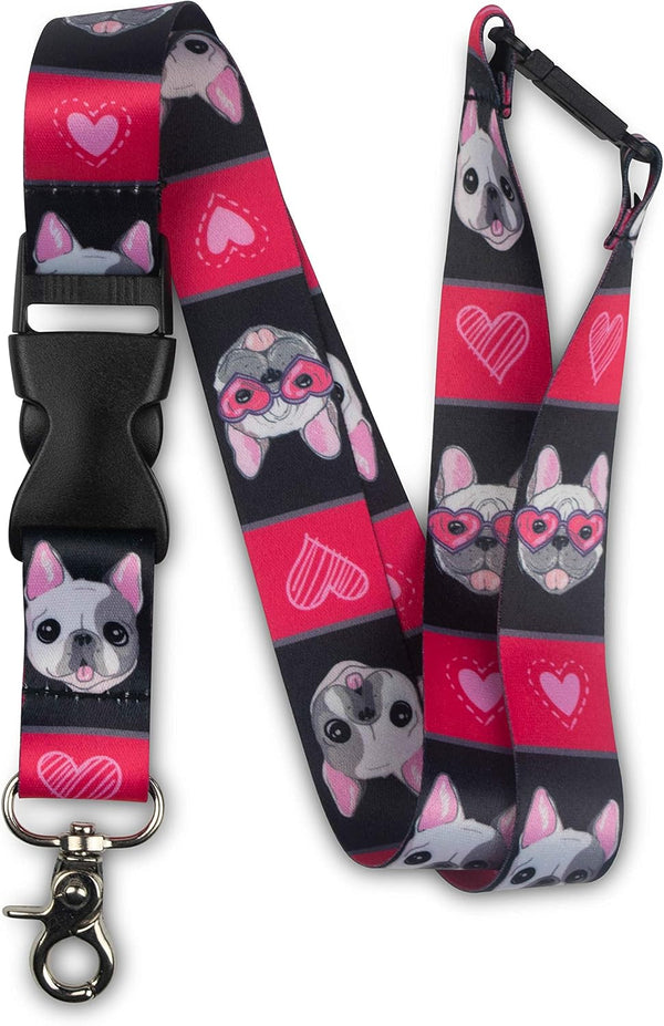 Limeloot French Bulldog Premium Wide Lanyard, Breakaway Release Buckle & Flat Ring, Frenchie Design