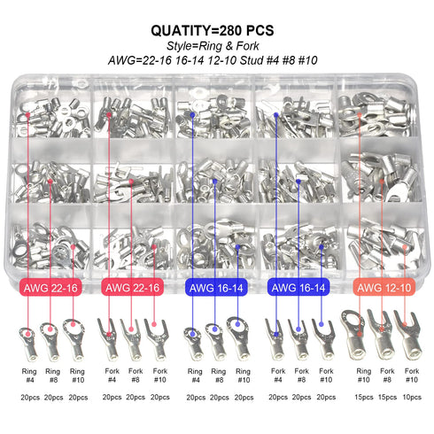 280 Pcs AWG 22-16 16-14 12-10 Ring Fork Terminals Tinned Copper Non-Insulated Electrical Wire Connectors Assortment Kit