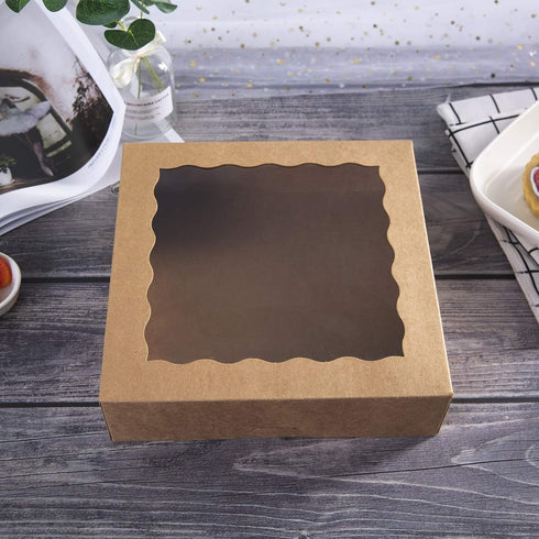 ONE MORE 10inch Natural Kraft Bakery Pie Boxes with PVC Windows, Large Cookie Box 10x10x2.5inch, 12 Pack (Brown)