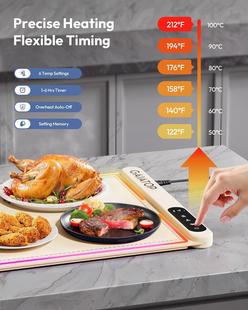 Countertop, 6 6 Settings, Gaiatop Warming Mat for Food with Trivet & Light, Food Warming Mats for Temp Level, Timer