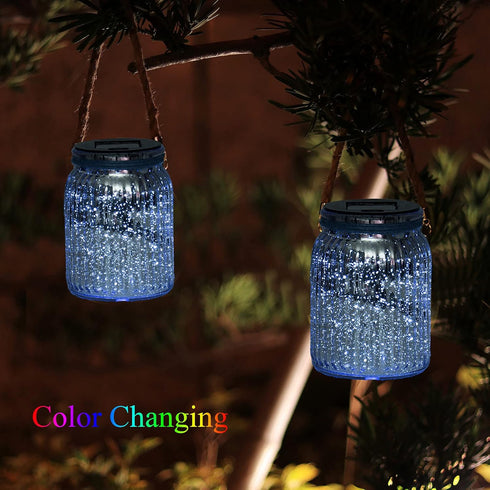 2 Pack,20 Hanging Solar Lantern Lights Outdoor LED Solar Mercury Glass Mason Jar Hanging Lights Waterproof for Tree