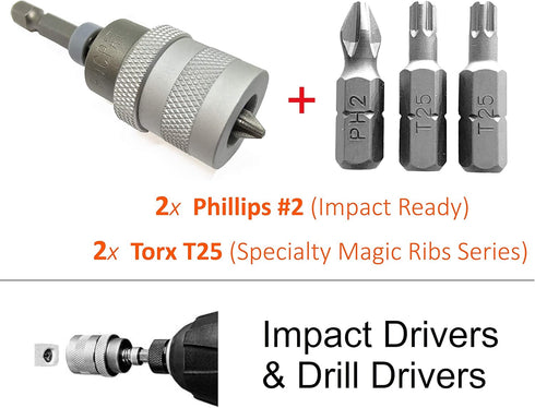 Adjustable Clutch ELECTRIC DRILL to SCREWGUN CONVERTER, Manganese S2 Phillips 2 Bit, 1/4 Shank, Fits Corded Cordless