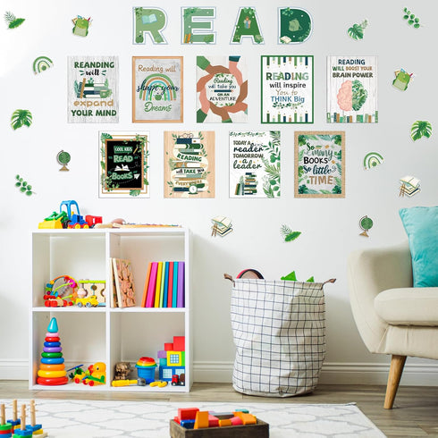 Hedeey 45 PCS Reading Bulletin Board Set - Eucalyptus Classroom Decorations with Motivational Positive Sayings Posters