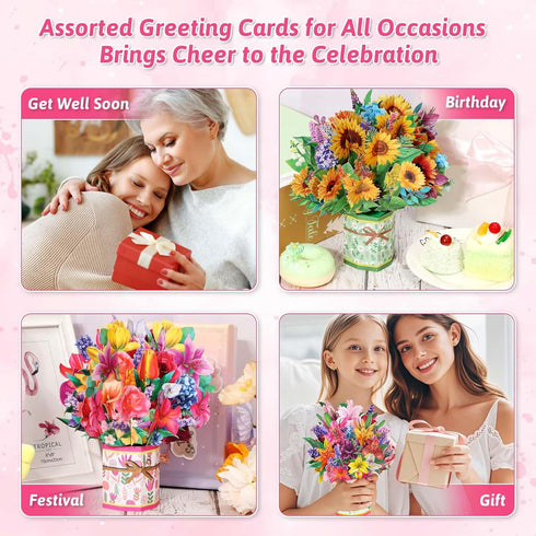8 Pack 3D Paper Flower Pop Up Cards, Flower Bouquet Card Popup Greeting Cards for Mother's Day, Graduation