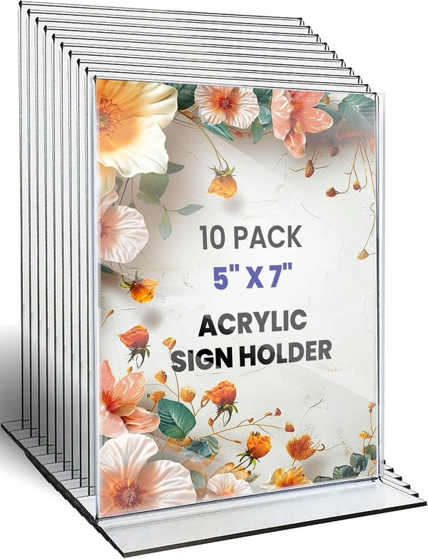 BERYLAND Acrylic Sign Holder 5x7 10 Pack, Paper Stand, Vertical Clear Frame, Double