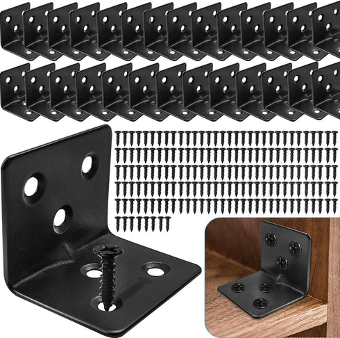 28 Black L Corner Brackets + 168 Stainless Steel Screws, Heavy Duty