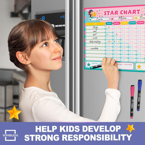 Magnetic Reward Chart for Kids, Dry Erase 13” X 17” Multiple Kids Refrigerator Star Behavior Chore Chart for Home,