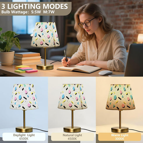 90s Kcldeci Bedside Table Lamp for Bedroom, Pattern Retro Farmhouse Desk Lamps for Nightstand with Fabric Shade