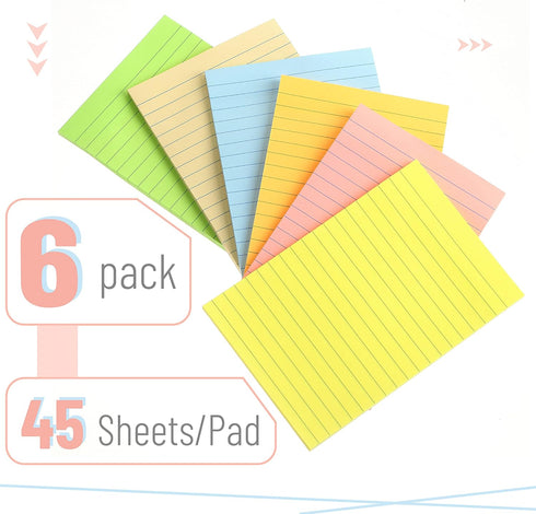Mr. Pen- Lined Sticky Notes 4x6, 6 Pads, 45 Sheets/Pad, Pastel Color, Sticky Notes with Lines, Sticky Pads, Sticky Note Pads, Colorful Sticky Notes, Stickies Notes, Ruled Post Stickies by Mr. Pen