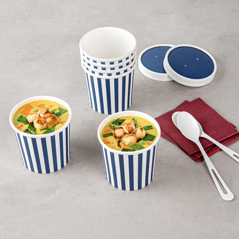 Restaurantware Bio Tek 12 Ounce Soup Containers, 25 Durable Disposable Blue and White Paper Soup Bowls