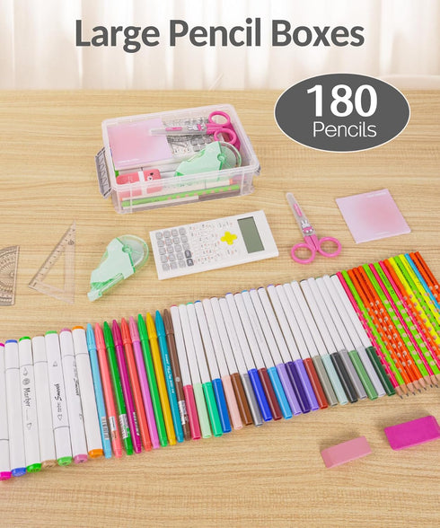 Sooez 6 Pack Extra Large Pencil Box, Clear Plastic Crayon Case for Craft, Art, School Supplies, Pink