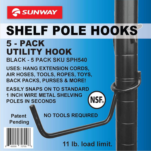 Sunway Tools Shelf Pole Hooks 5-Pack, Utility Hanger Black for Garage Shelving Storage Organization