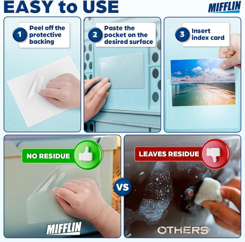 Mifflin-USA Clear Index Card Holder (4x6”, 50 Pack), Self-Adhesive Card Pockets for Organizing Storage Bins