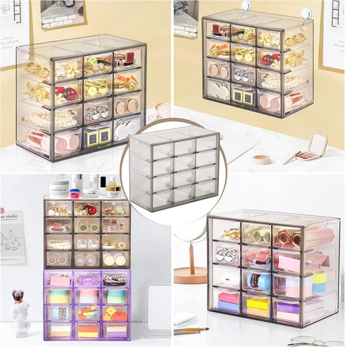 Desk Storage Organizer with 12 Mini Drawers - Clear Desktop Craft Drawer Cabinet for Makeup and Office Supplies