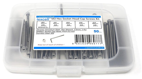 iexcell 50 Pcs M3 x 40/45/50/55/60mm Stainless Steel 304 Hex Socket Head Cap Screws Assortment Kit