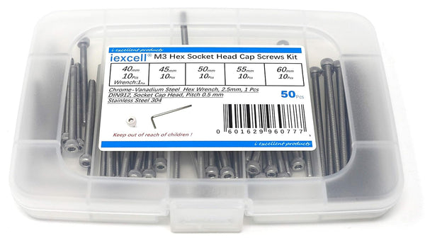 iexcell 50 Pcs M3 x 40/45/50/55/60mm Stainless Steel 304 Hex Socket Head Cap Screws Assortment Kit