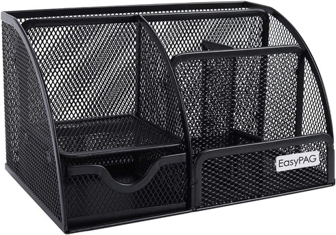 EasyPAG Desk Organizer Mesh Desktop Office Supplies Multi-functional Caddy Pen Holder Stationery with 6 Compartments and 1 Drawer for Office, Home, School, Classroom, Black by EasyPAG