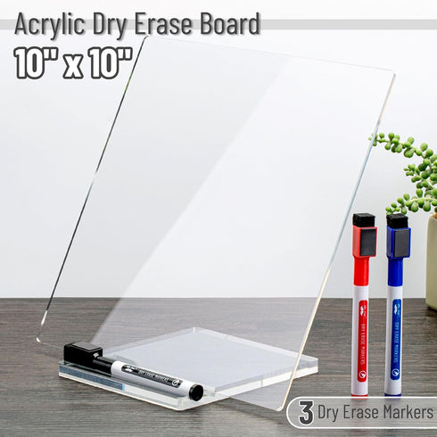 Mr. Pen Clear Acrylic Board with Stand, 10" x 10", 3 Dry Erase Markers, Acrylic White Board for Desk