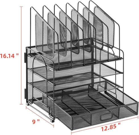 Marbrasse Desk Organizer with Drawer, 4-Tier Mesh File Organizer with 5 Vertical Holders and 2 Pen Holders