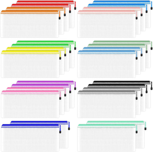 Smarpau 28Pcs Pencil Pouch Set, 14 Colors, 9.3" x 4.7" Mesh Zipper Pouches for Organizing, Clear Pencil Bags