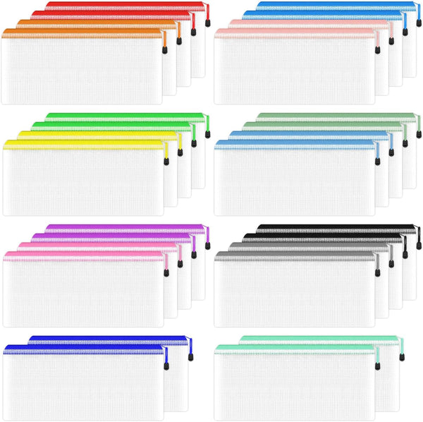 Smarpau 28Pcs Pencil Pouch Set, 14 Colors, 9.3" x 4.7" Mesh Zipper Pouches for Organizing, Clear Pencil Bags