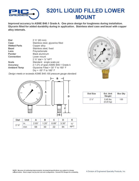PIC Gauges S201L-254N Pressure Gauge, Bottom Mount, 2.5" Dial, 30"/0 hg Vacuum psi Range, 1/4" Male NPT