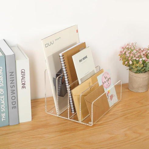 MaxGear Acrylic File Organizer for Desk, 4 Section Clear File Holder, Vertical Mail Desk Organizer for Documents