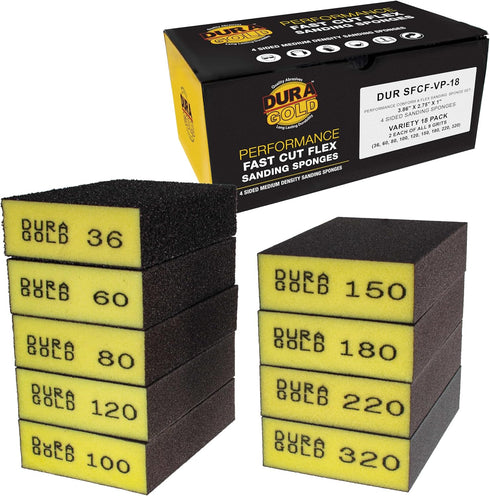 Dura-Gold 4-Sided Hand Sanding Block Sponge Variety Pack, Box of 18, Grits