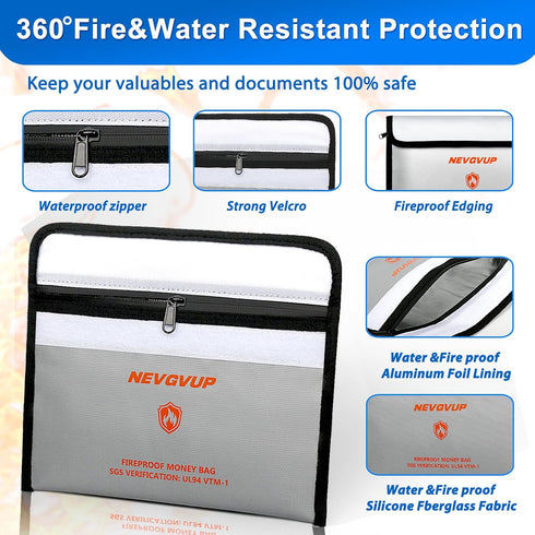 4200F 9.8 6.5" Set Fireproof Money Bag - Heat Insulated, x Small Fireproof Document Bags with Waterproof Zipper, Fire