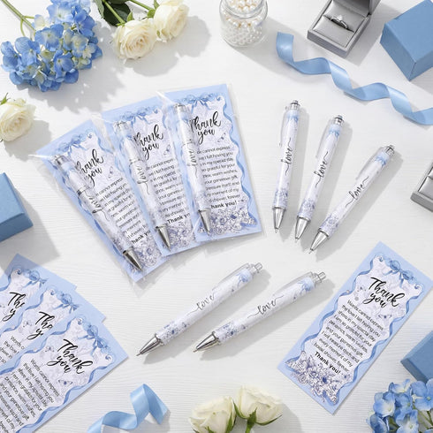 Sayglossy 50 Sets Blue Bridal Shower Bow Pens Wedding Thank You Gifts for Guests Blue White Floral Ballpoint Pens