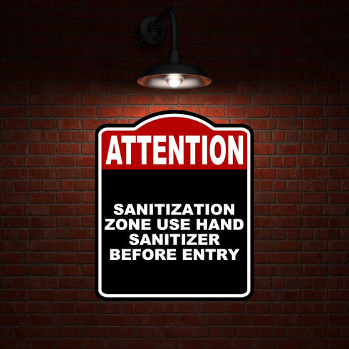 8.5 10 inches SANITIZATION ZONE USE HAND SANITIZER BEFORE ENTRY Attention Red Black Aluminum Composite Sign x