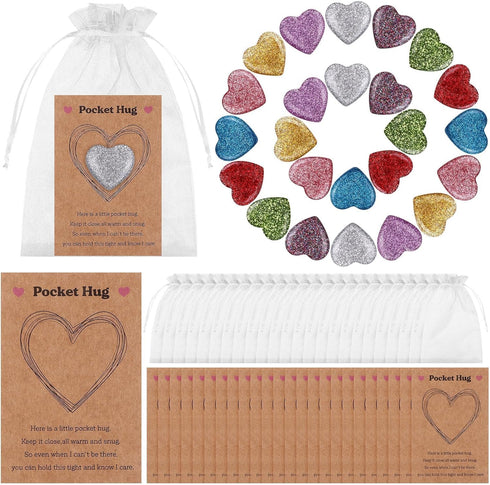 DatingShiny 96 Sets Pocket Hug Token Bulk Natural Heart Crystals with Hug Cards
