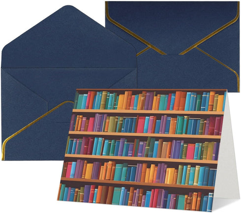 Vuiopuf Library Bookshelf Elegant Gold-Foiled Pearlized Paper Greeting Card-Blank Inside,Single-Sided Print