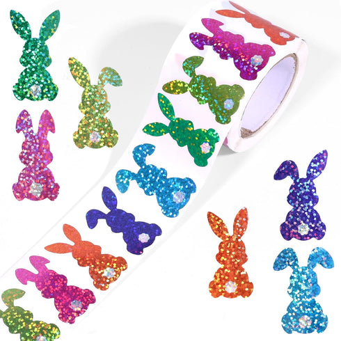 Fukaisu 500pcs Glitter Easter Egg Bunny Stickers, 1.1x1.5in Holographic Rabbit Sticker Roll 6